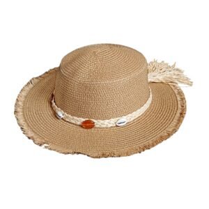 Rund stråhatt med stener,skjell og dusk